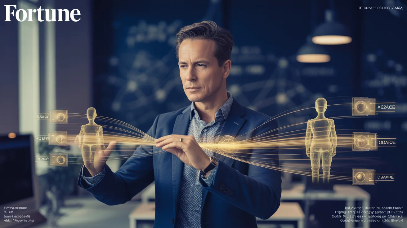 Geschäftsmann im blauen Anzug orchestriert holografische KI-Agenten und Datenpanels in einem modernen Büro – Fortune-Cover-Stil auf dunklem Navy-Hintergrund mit goldenen Lichtlinien
