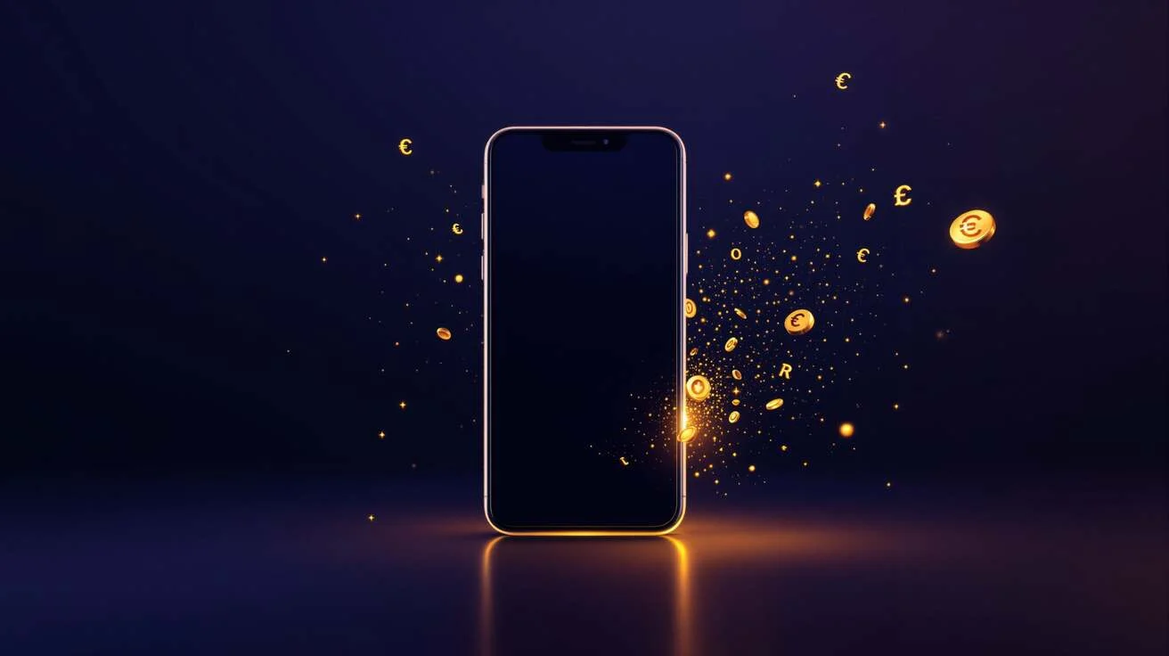 Abstraktes Smartphone mit goldenen verpassten Anruf-Benachrichtigungen die sich in Euro-Symbole auflösen auf dunklem Navy-Hintergrund – Symbol für entgangene Umsätze