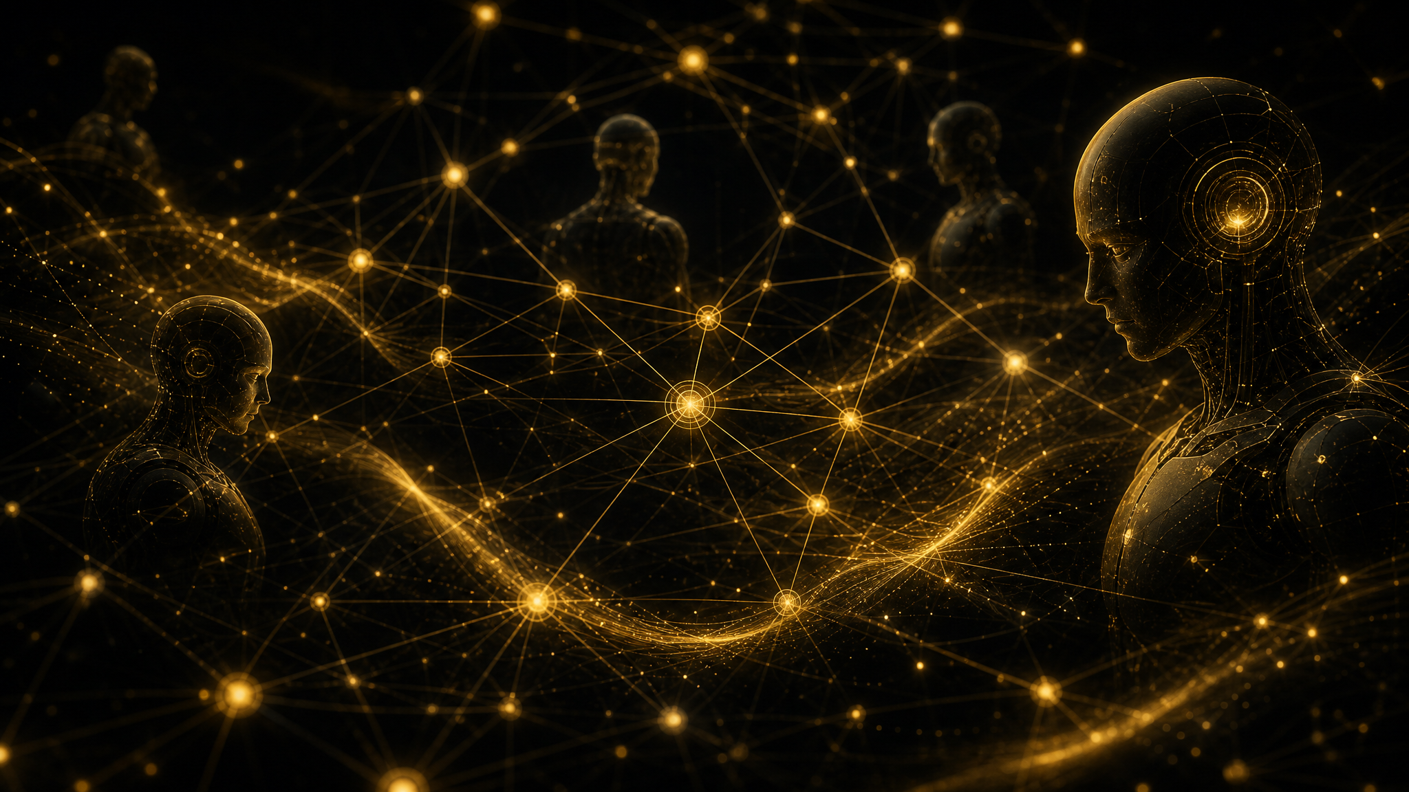 Goldenes Netzwerk aus verbundenen KI-Agenten-Knoten mit Roboter-Silhouetten und fließenden Datenströmen auf dunklem Hintergrund – Symbol für Agentenorchestrierung und operative KI-Beschleunigung