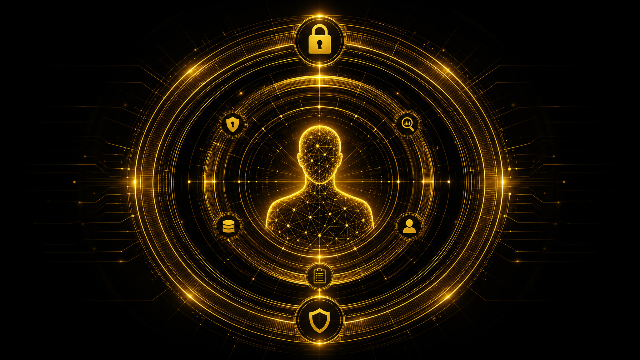 Goldene digitale Agent-Silhouette geschützt durch konzentrische Sicherheitsringe mit Schloss-Symbol und Monitoring-Elementen – Sinnbild für architektonische Agent Safety