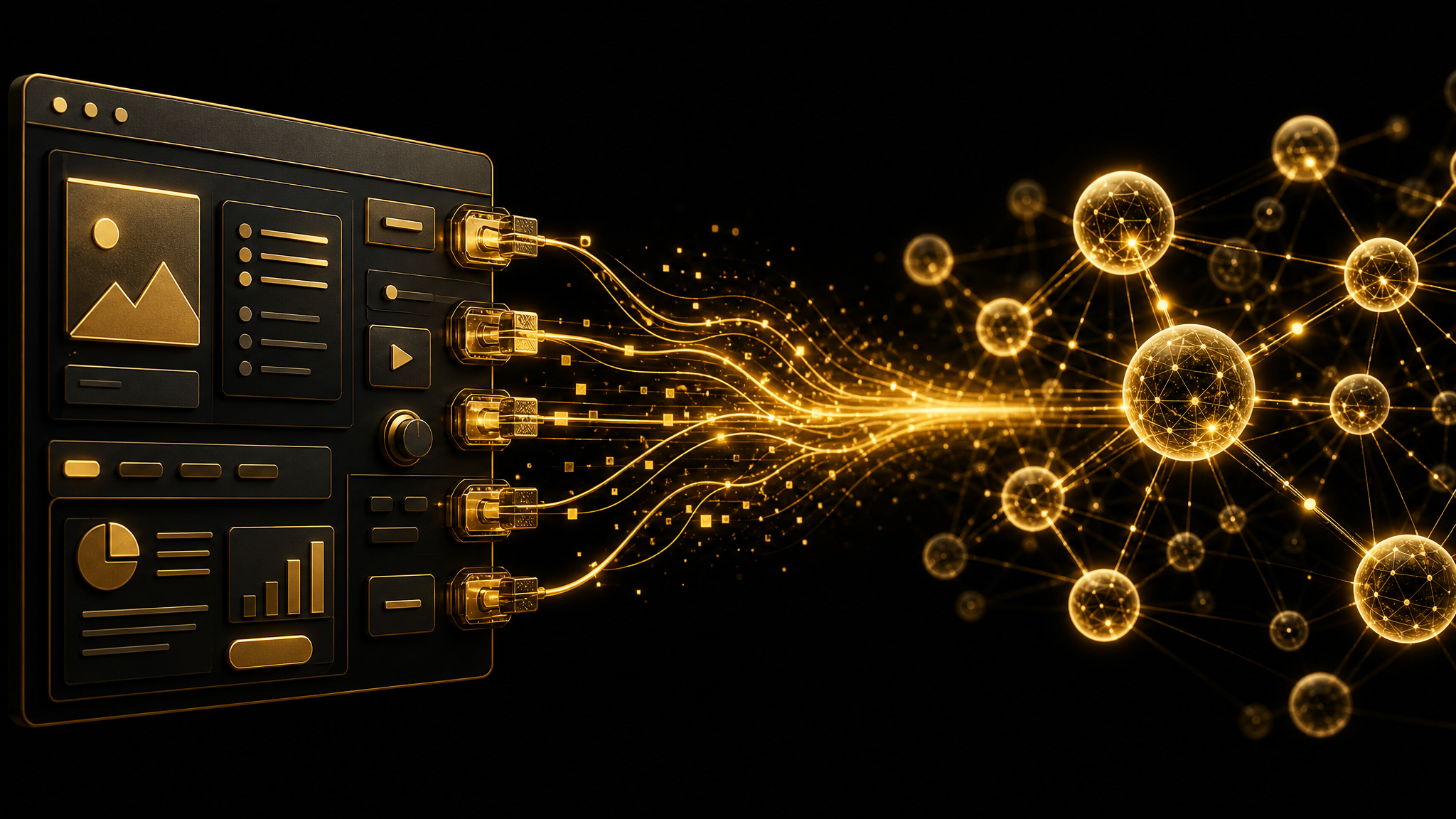 Goldene Schnittstellen-Stecker verbinden eine traditionelle Benutzeroberfläche mit einem KI-Agenten-Netzwerk – Symbol für den Wandel von menschenbedienter zu agentenfähiger Software
