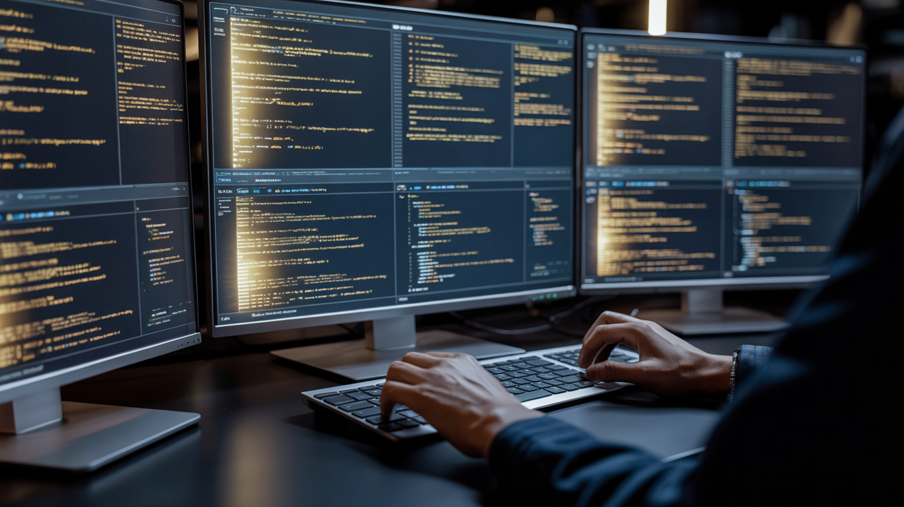 Futuristischer Coding-Workspace mit goldenen Code-Streams über dunklen Monitoren und Developer-Händen an der Tastatur – Symbol für agentisches Coding