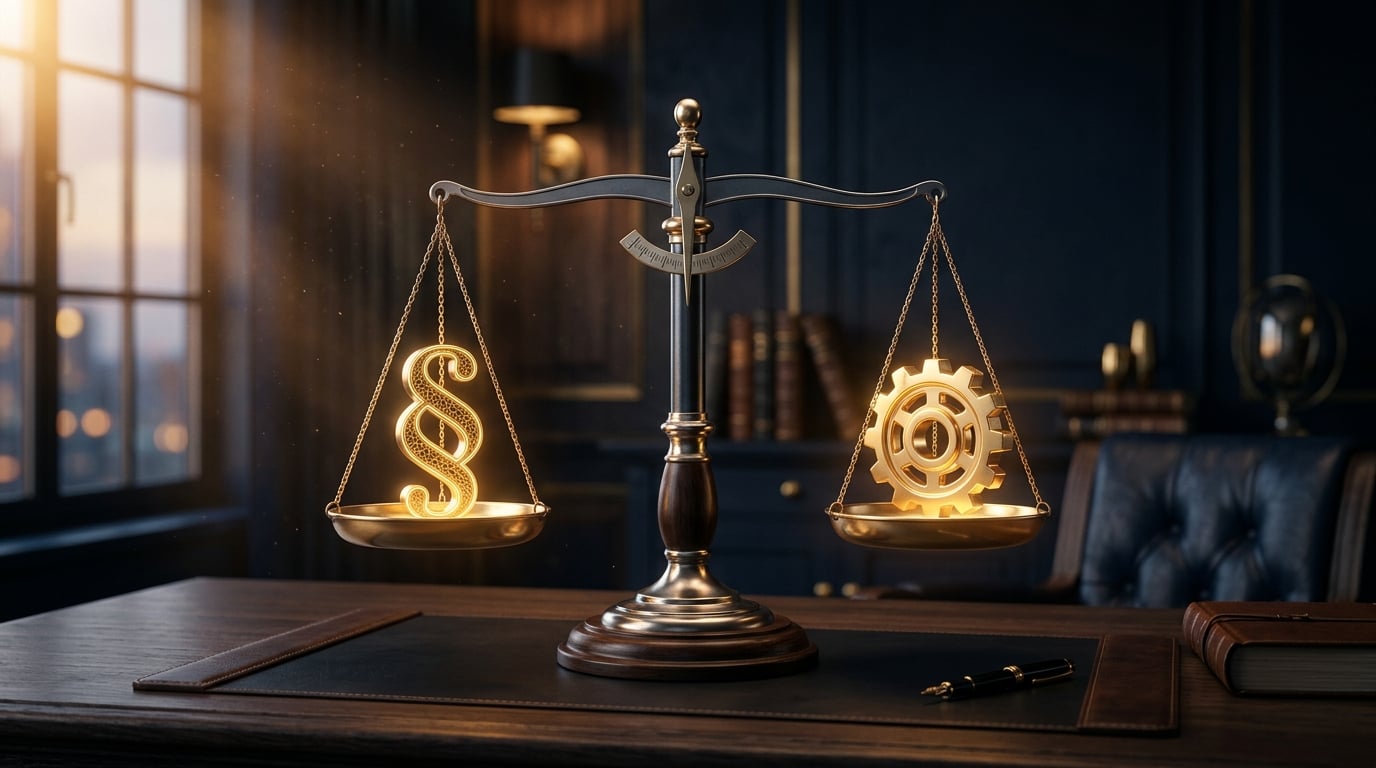 Goldene Waage mit Paragraphen-Symbol und Zahnrad in perfektem Gleichgewicht – Symbol für pragmatische KI-Compliance zwischen Regulierung und Umsetzung