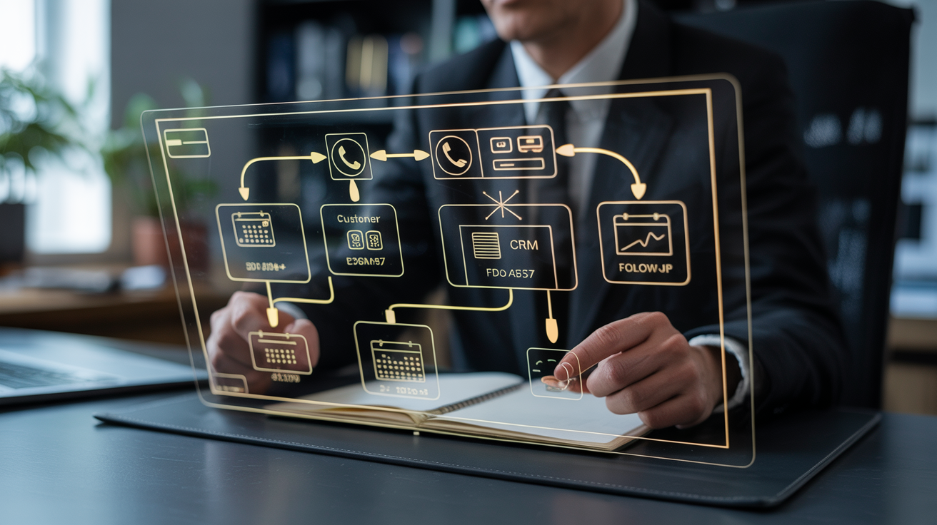 Goldener Wireframe-Blueprint eines Geschäftsprozesses schwebt über einem dunklen Schreibtisch – Symbol für das Arbeitsweltmodell eines KI-Agenten