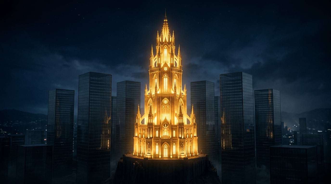 Goldene Festung mit einzigartigen Details steht standhaft zwischen gesichtslosen gläsernen Konkurrenz-Türmen – Symbol für branchenspezifische Spezialisierung als Wettbewerbsvorteil