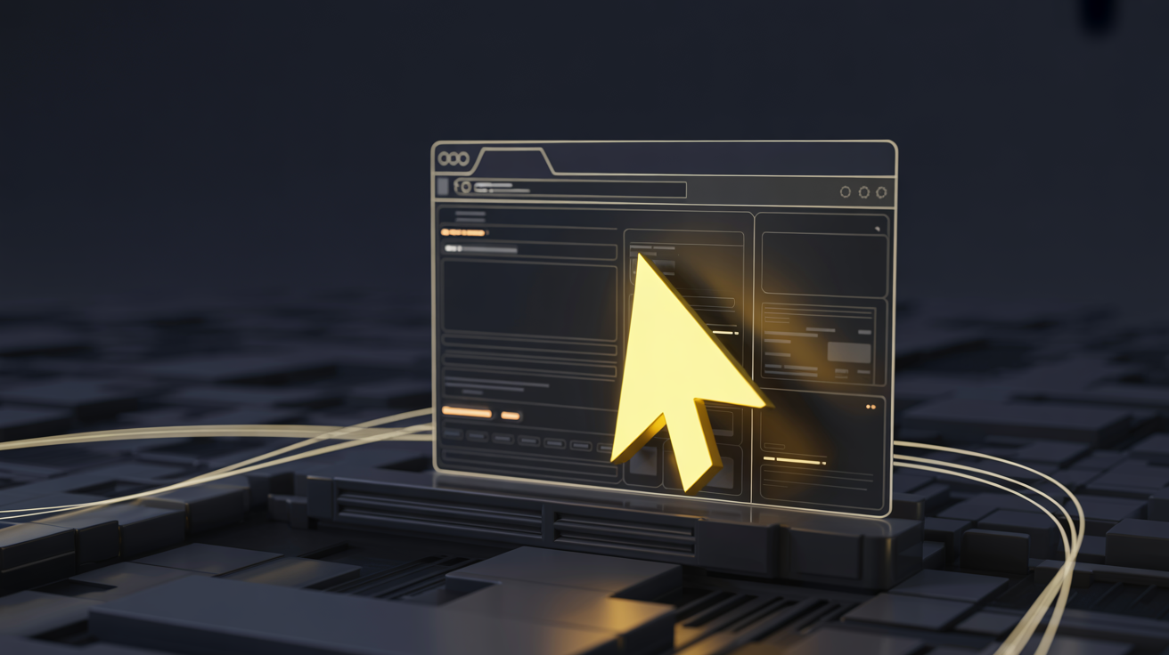 Dunkle futuristische Szene mit autonom navigiertem Browser-Fenster und goldenem AI-Cursor auf Web-Formularen – Symbol für Browser-Automation ohne API