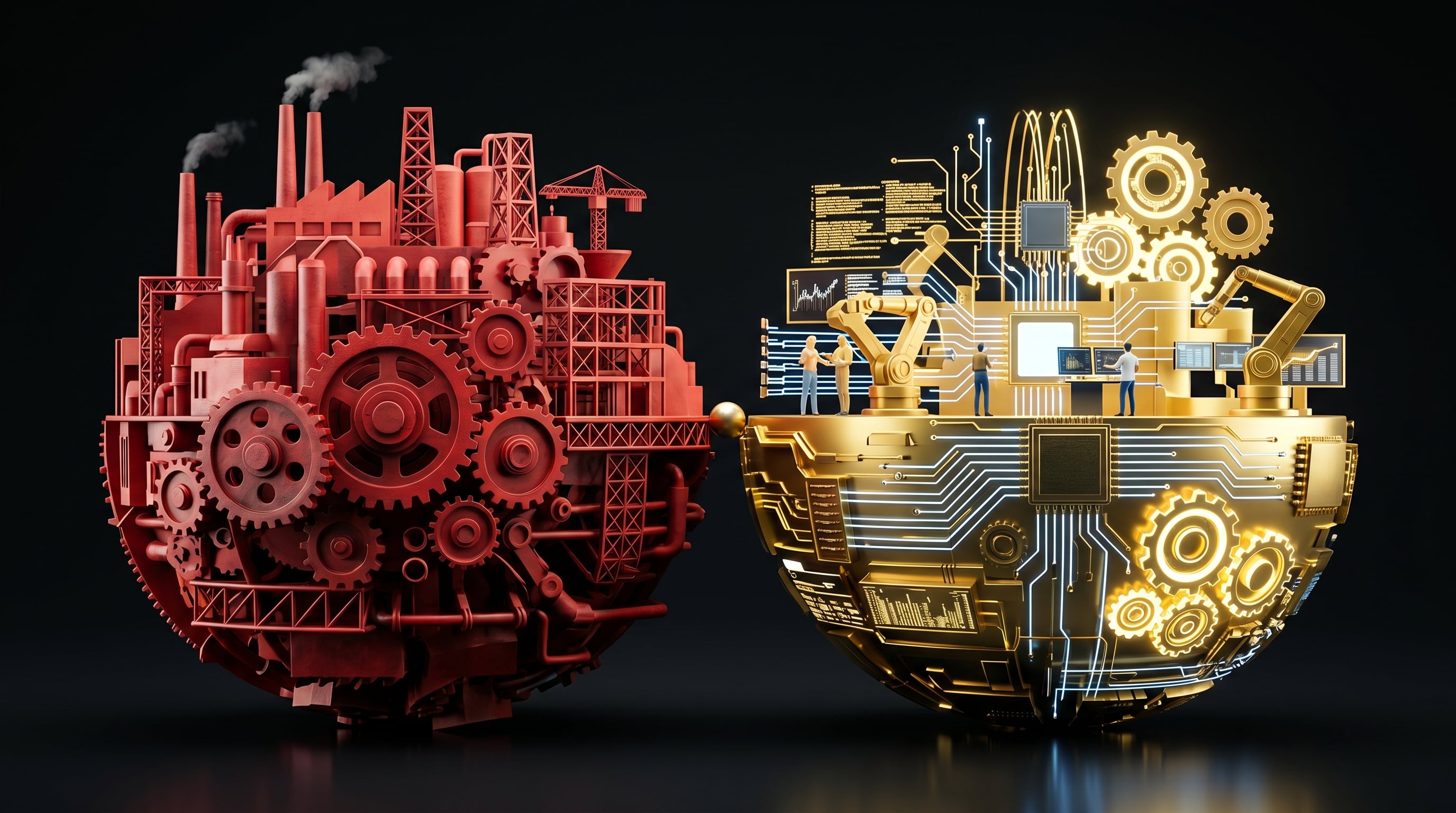 Zwei Waagschalen im Gleichgewicht – links ein dichtes, rotes Industrienetzwerk, rechts goldene KI-Zahnräder und Automatisierungselemente auf dunklem Hintergrund