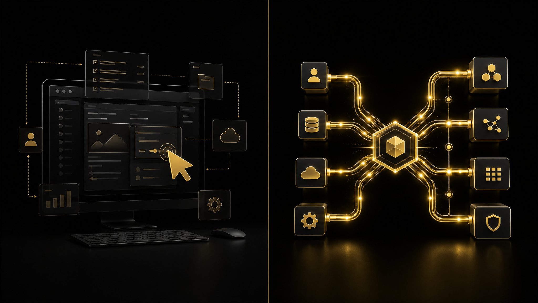 Split-Screen-Vergleich: links ein abstrakter Computerbildschirm mit goldenem Mauszeiger, rechts saubere goldene API-Pipelines die Module verbinden – Sinnbild für Computer Use vs. Agent-native Architektur