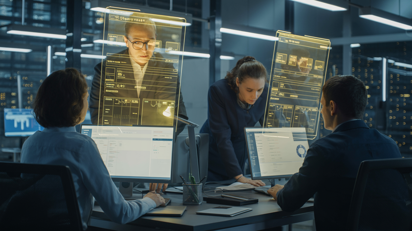 Deployment Engineers arbeiten nachts in einem modernen Glasbüro mit holographischen Projektboards und goldener Bildschirmbeleuchtung – Symbol für Implementierung als Engpass