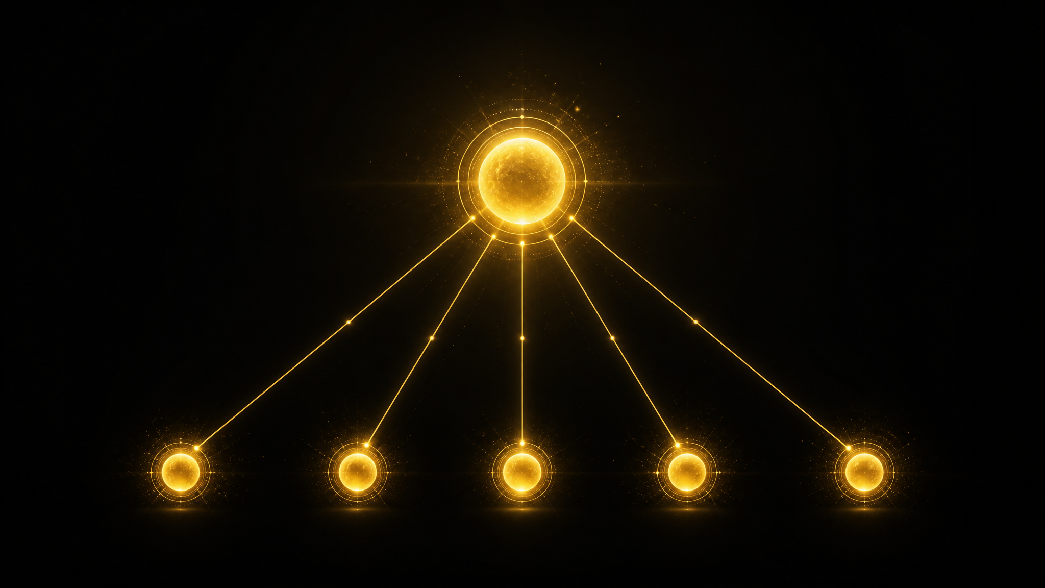 Goldene Netzwerk-Konstellation auf dunklem Hintergrund – ein großer Orchestrator-Knoten verbindet sich mit kleineren Agenten-Knoten als Metapher für KI-Modellrouting