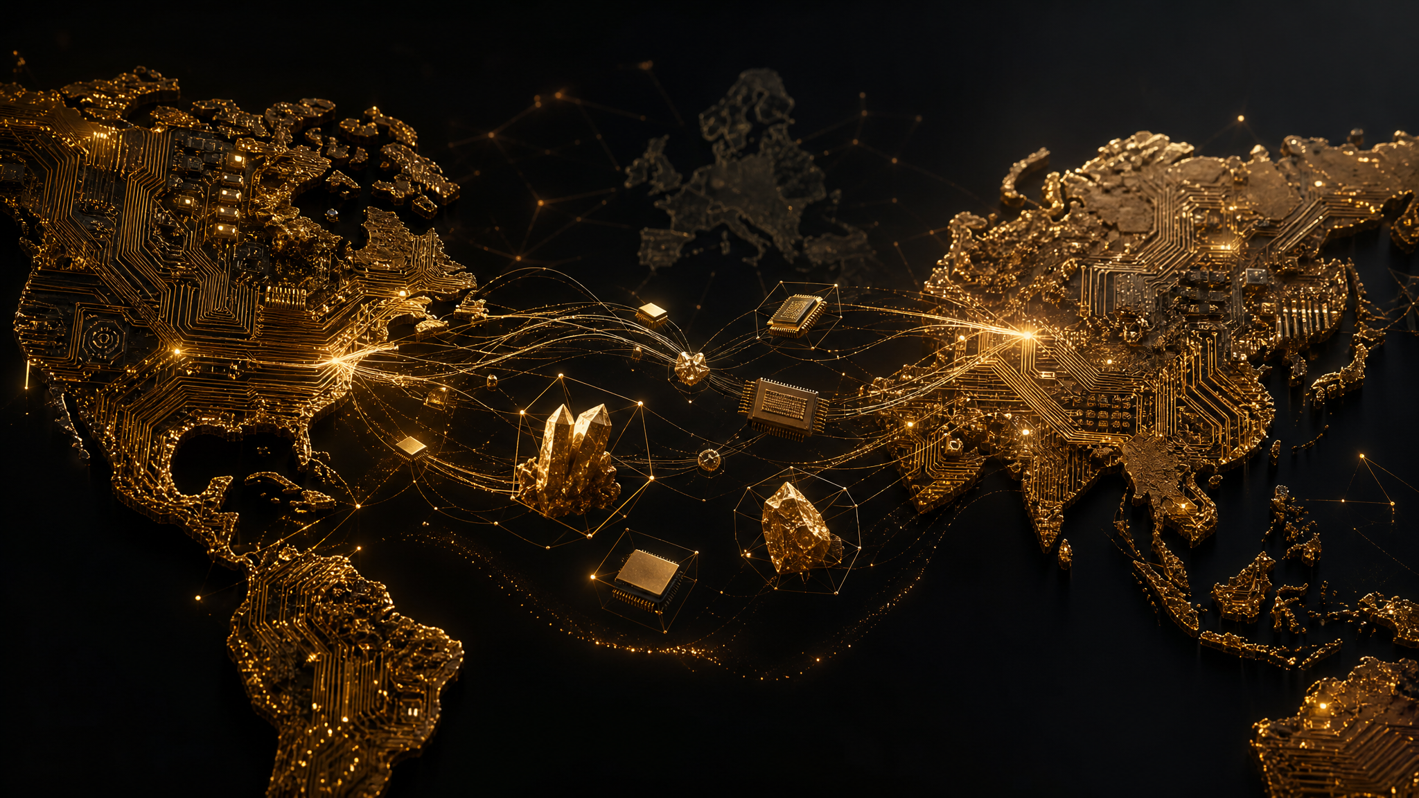 Zwei abstrakte goldene Schaltkreis-Kontinente, die sich über einer dunklen Leere gegenüberstehen, mit goldenen Lieferketten-Linien und Chip-Silhouetten dazwischen – Sinnbild für den geopolitischen Technologiewettbewerb um KI, Chips und Rohstoffe