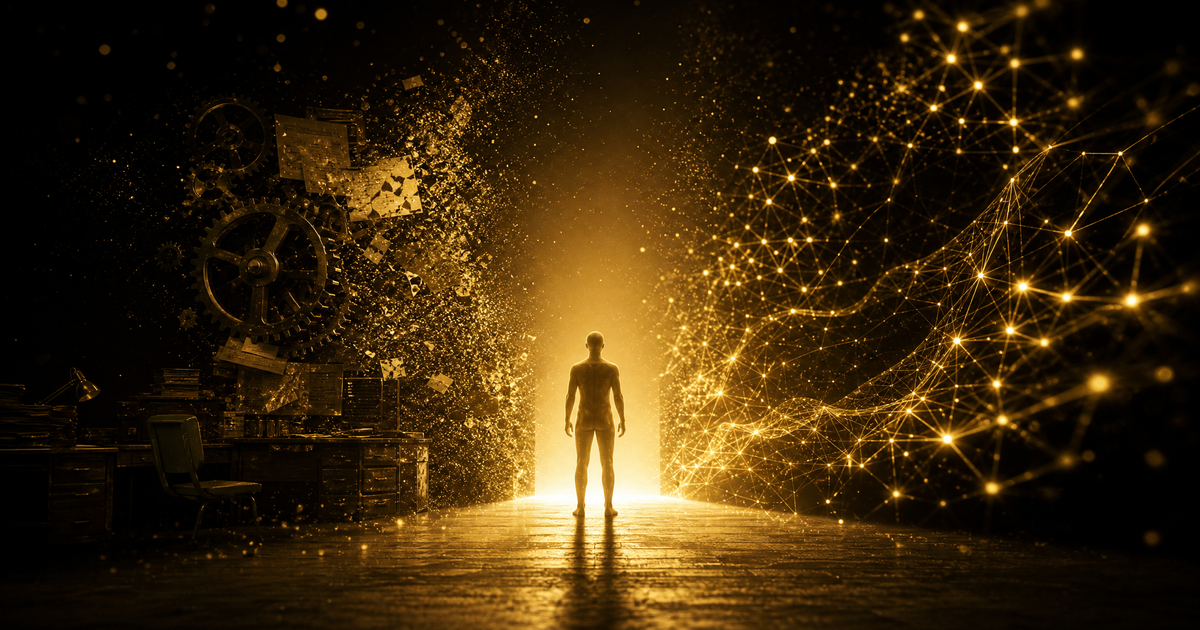 Goldene menschliche Silhouette an einer Schwelle – links lösen sich analoge Arbeitselemente auf, rechts formen sich digitale KI-Netzwerkstrukturen – Symbol für den menschlichen Faktor in der KI-Transformation