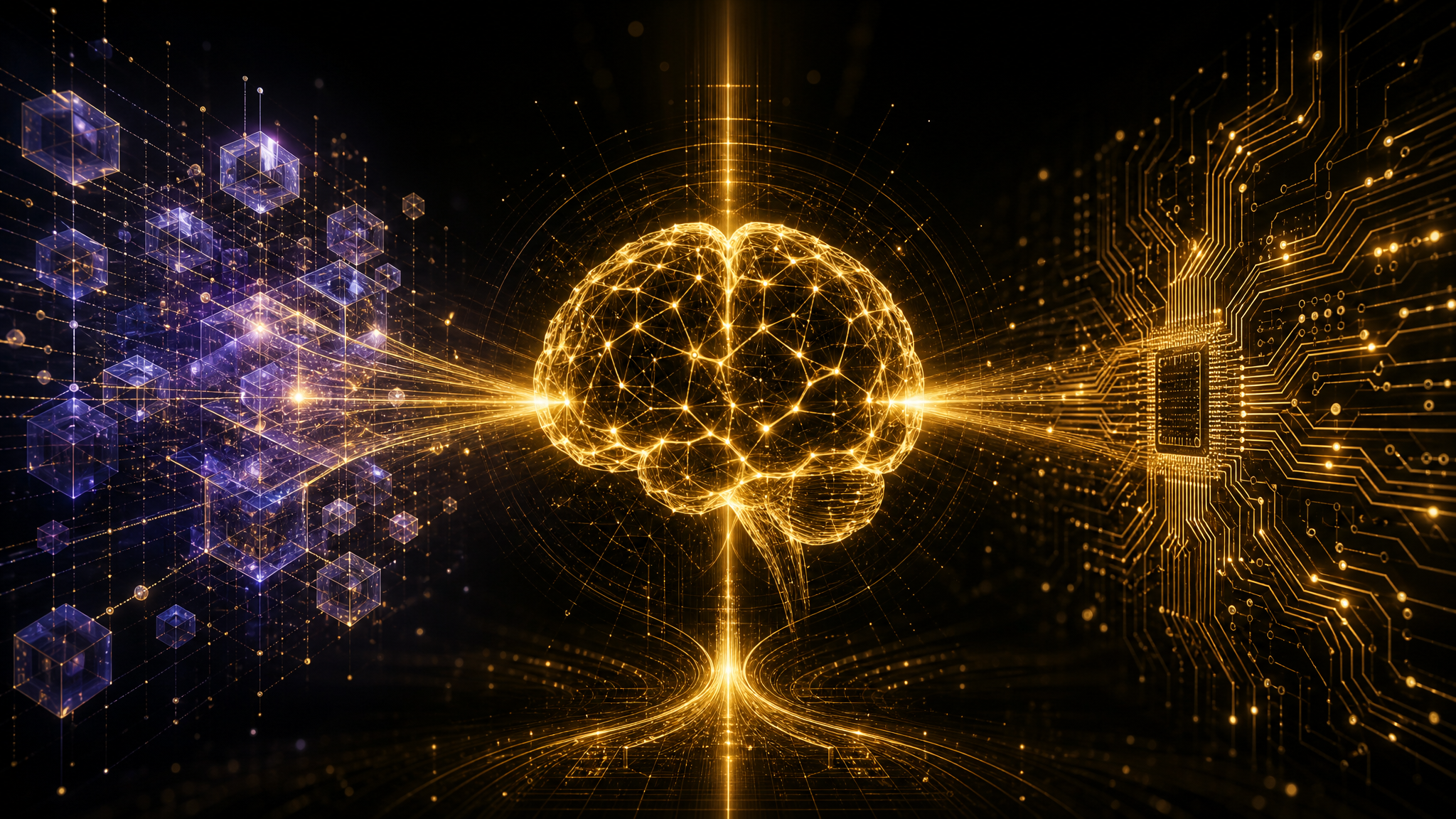 Goldene gehirnartige neurale Struktur im Zentrum, verbunden durch Lichtstrahlen mit kristallinen Quantenstrukturen und klassischen Schaltkreismustern – Symbol für konvergierende Rechenparadigmen