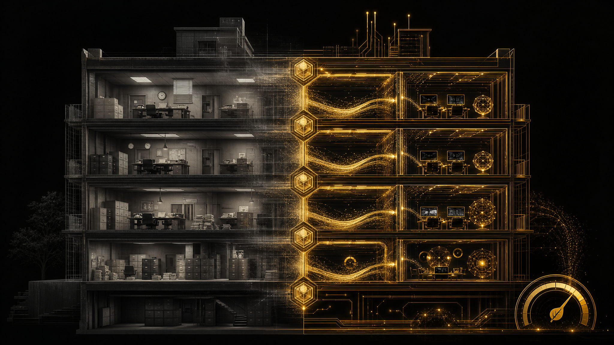 Architektonischer Querschnitt eines Gebäudes in Transformation – links verblassende analoge Büroelemente, rechts goldene KI-Netzwerkstrukturen und modulare Agentenknoten als neues Betriebssystem