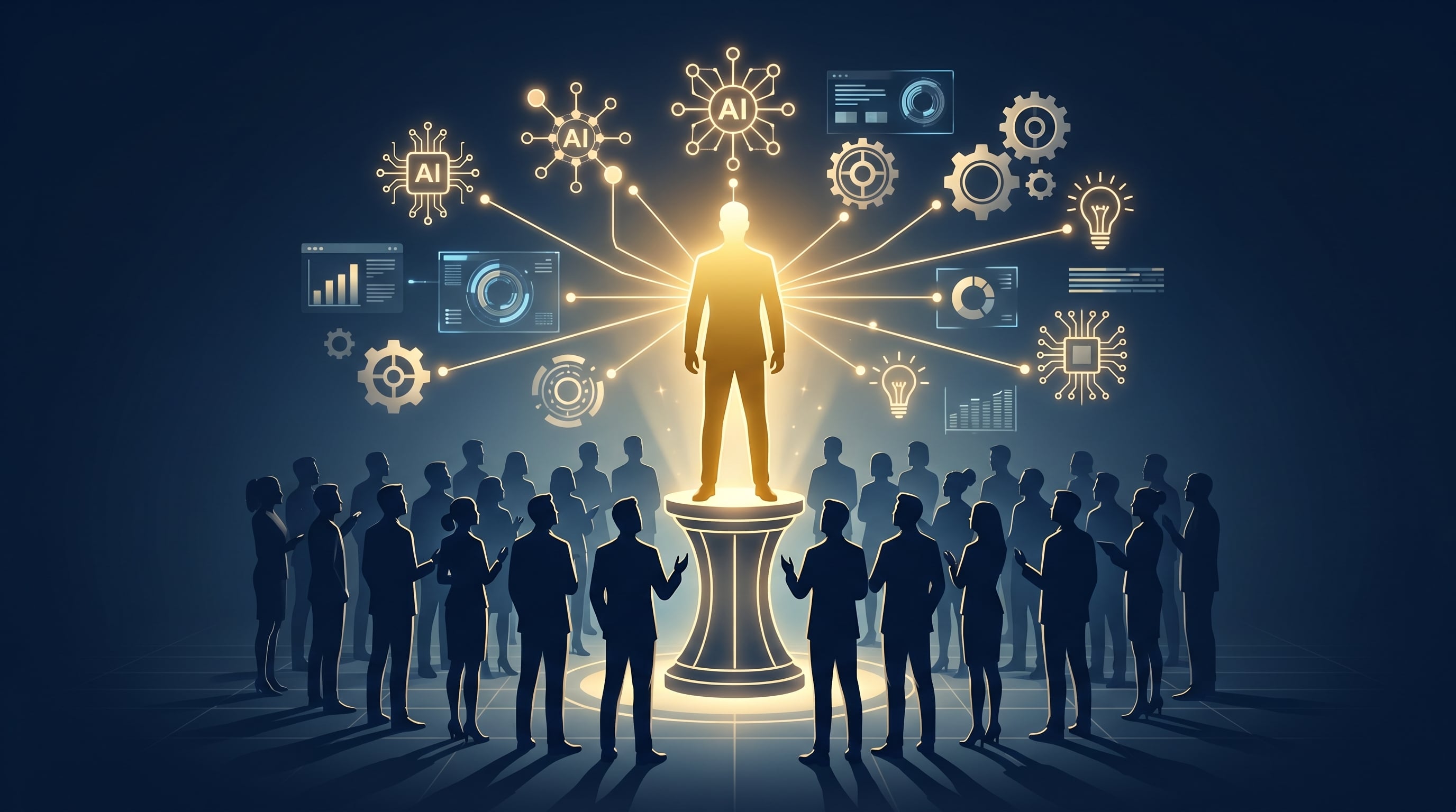 Eine einzelne goldene Figur steht erhöht in einem Team aus dunklen Silhouetten und strahlt goldene Verbindungslinien zu KI-Symbolen aus – Leadership in der KI-Transformation