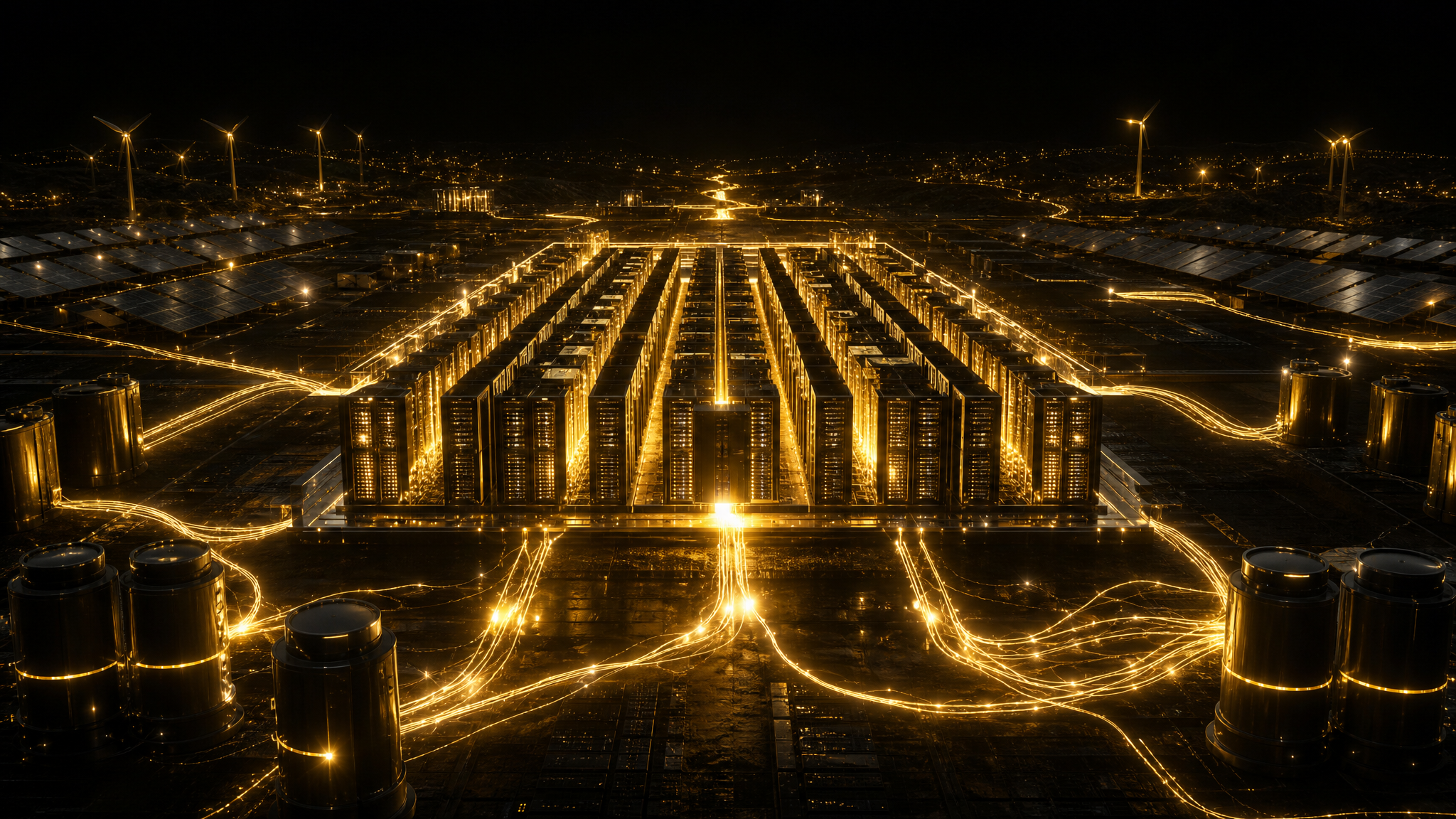 Goldglühende Serverracks eines Rechenzentrums, verbunden durch goldene Energielinien mit Solarpanels und Batteriespeichern im Hintergrund – Sinnbild für das Spannungsfeld zwischen KI-Rechenleistung und Energieinfrastruktur