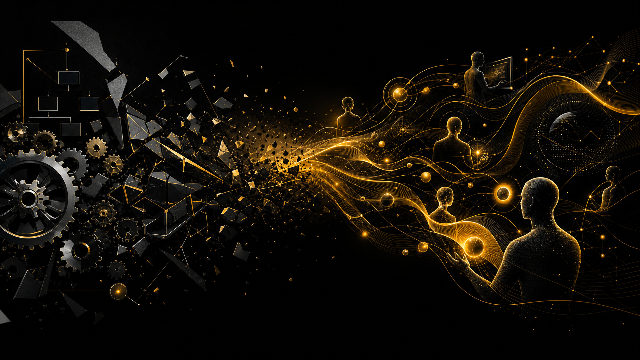 Abstrakte goldene Darstellung: Links fragmentierte Zahnräder und starre Organigramm-Strukturen lösen sich nach rechts in fließende Verbindungen zwischen menschlichen und digitalen Silhouetten auf – Sinnbild für die Transformation von starrer Automatisierung zu sinnvoller Arbeitsteilung zwischen Mensch und KI