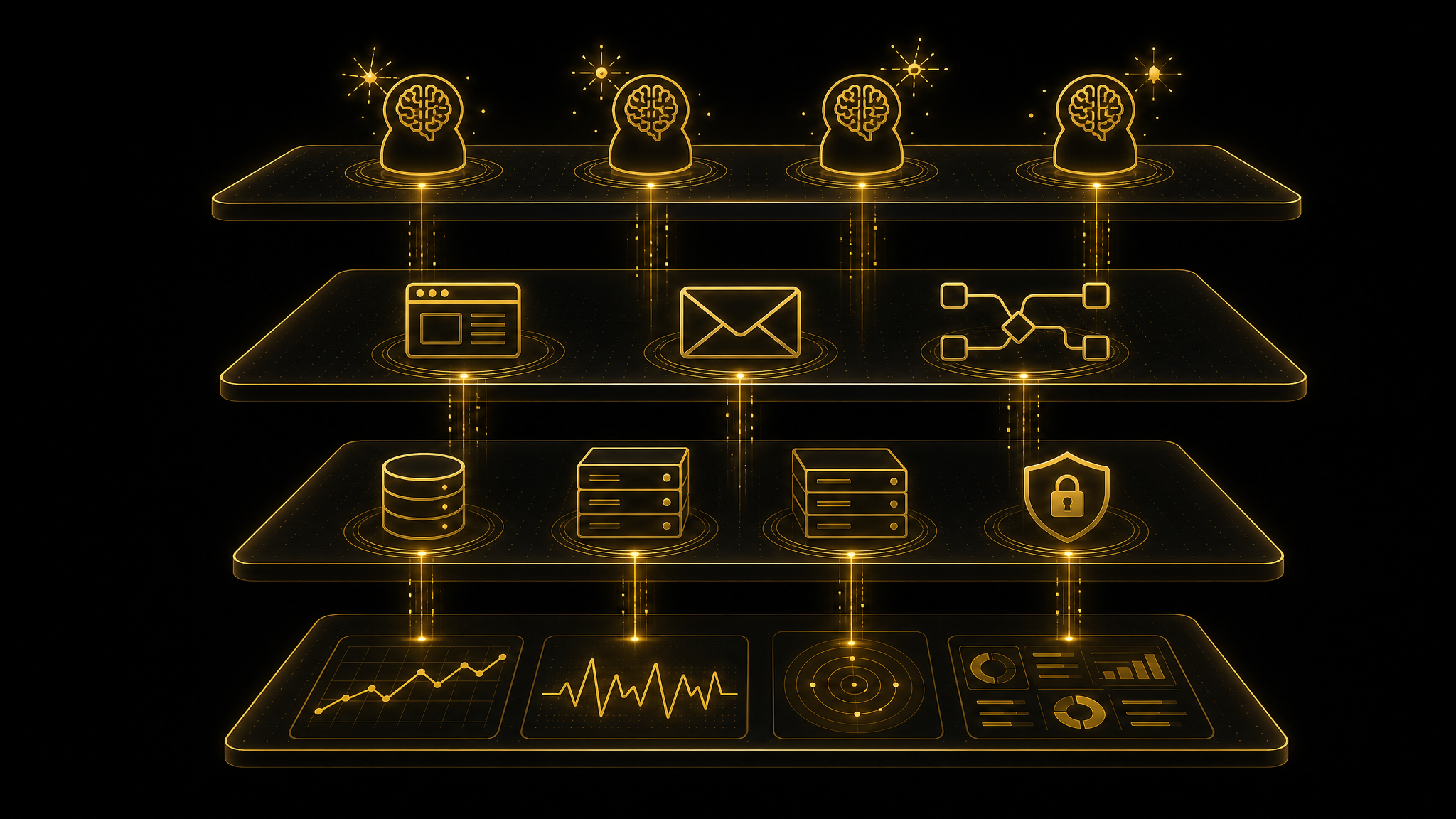 Vier goldene Schichten auf dunklem Hintergrund – Agenten, Werkzeuge, Infrastruktur und Monitoring als verbundener KI-Stack