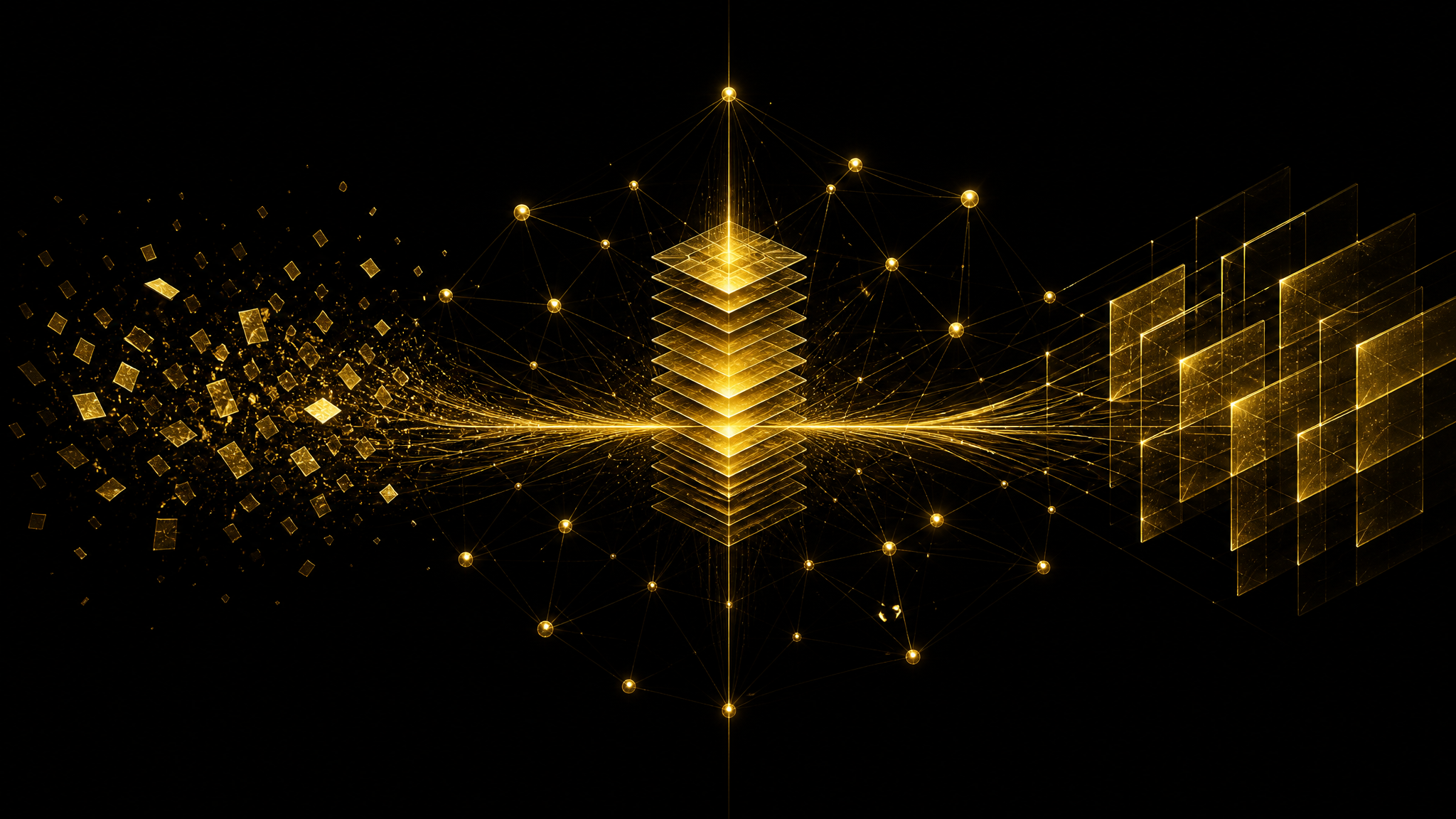 Abstrakte goldene Wissensstruktur auf schwarzem Hintergrund: verstreute Dokumentfragmente ordnen sich zu einem vernetzten Zugriffspunkt – Sinnbild für KI-Wissensmanagement und das Company Brain