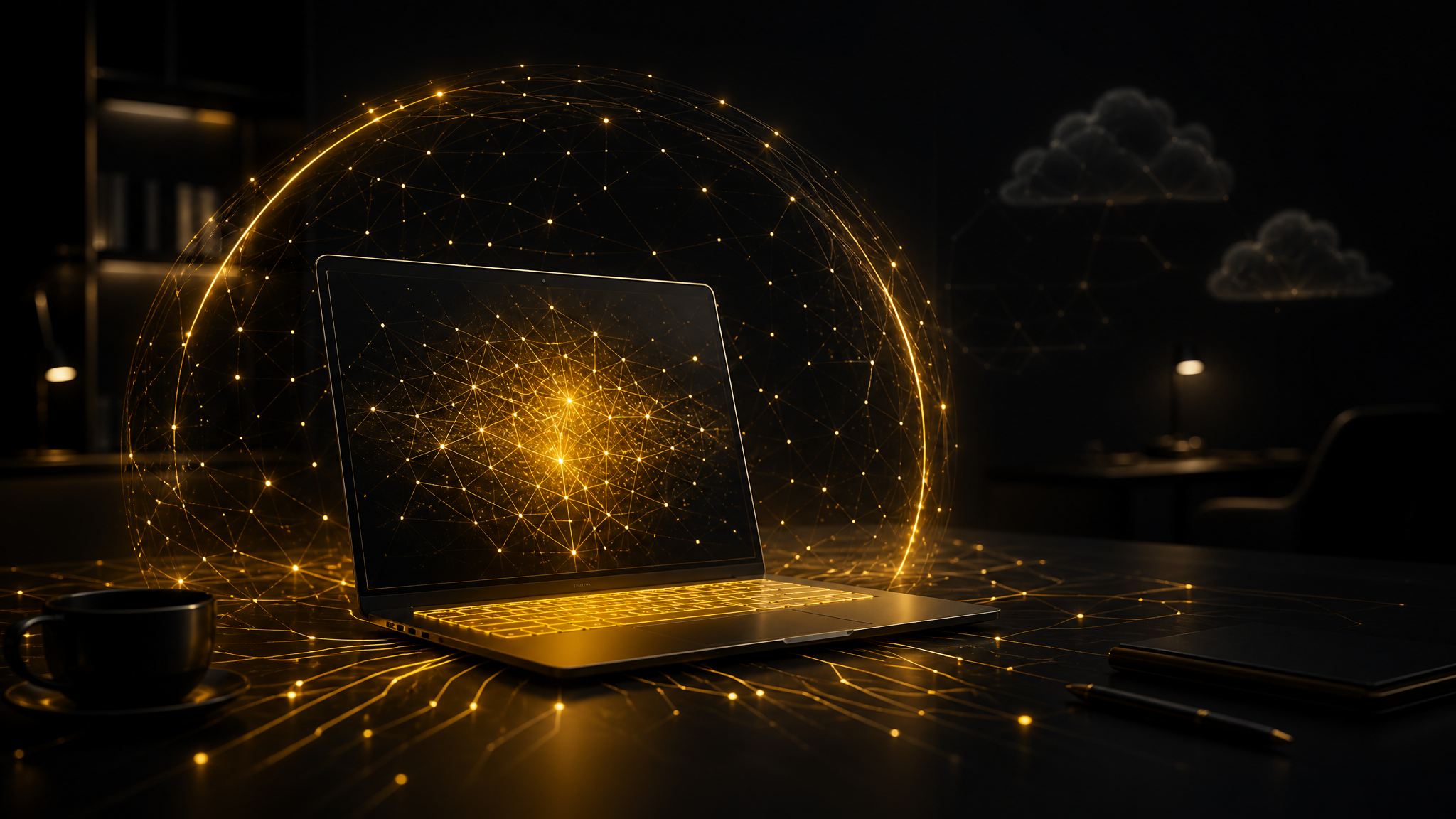 Goldglühender Laptop auf dunklem Schreibtisch, aus dem goldene Schaltkreis- und Netzwerklinien als schützende Zone strahlen, während im Hintergrund schwach Cloud-Symbole schweben – Sinnbild für lokale, private KI gegenüber der Cloud