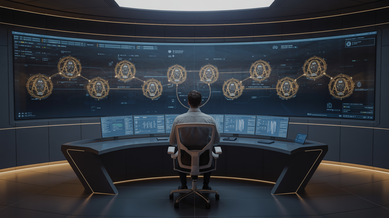 Dunkles Command Center mit gebogenem Ultrawide-Screen, goldene Knotenverbindungen zeigen parallele AI-Agenten – Symbol für Multi-Agent-Operations