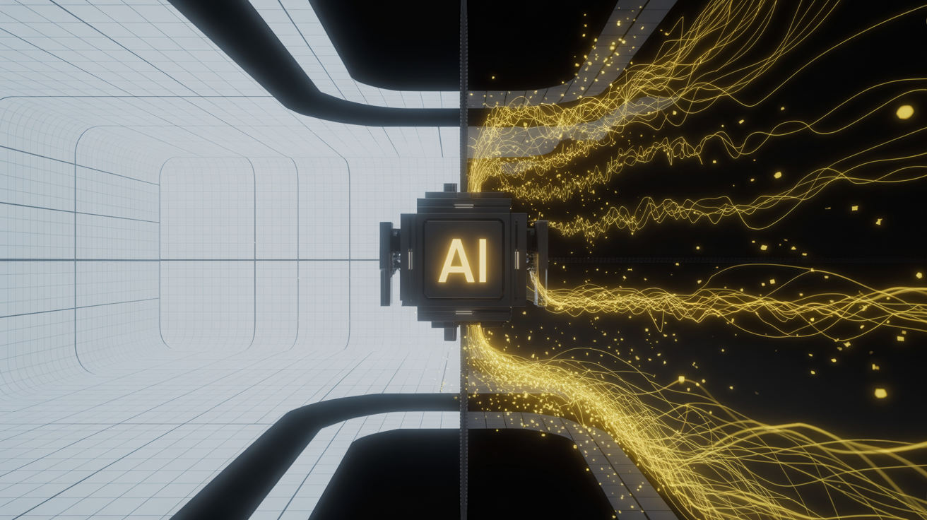 Kontrastszene zwischen steriler Simulation und organischen Realdaten-Strömen mit goldenen Partikeln – Symbol für den Unterschied zwischen Demo und echtem Betrieb