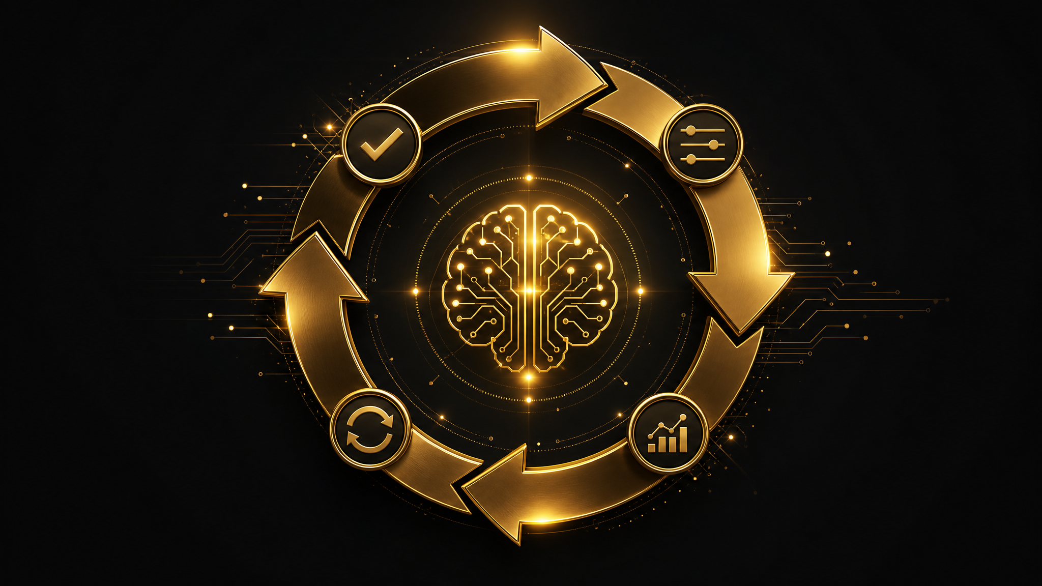 Ein goldener Kreislauf aus Pfeilen umschließt ein KI-Symbol, mit kleinen Korrekturmarkierungen die in den nächsten Zyklus einfließen – Symbol für kontinuierliche Verbesserung durch Feedback