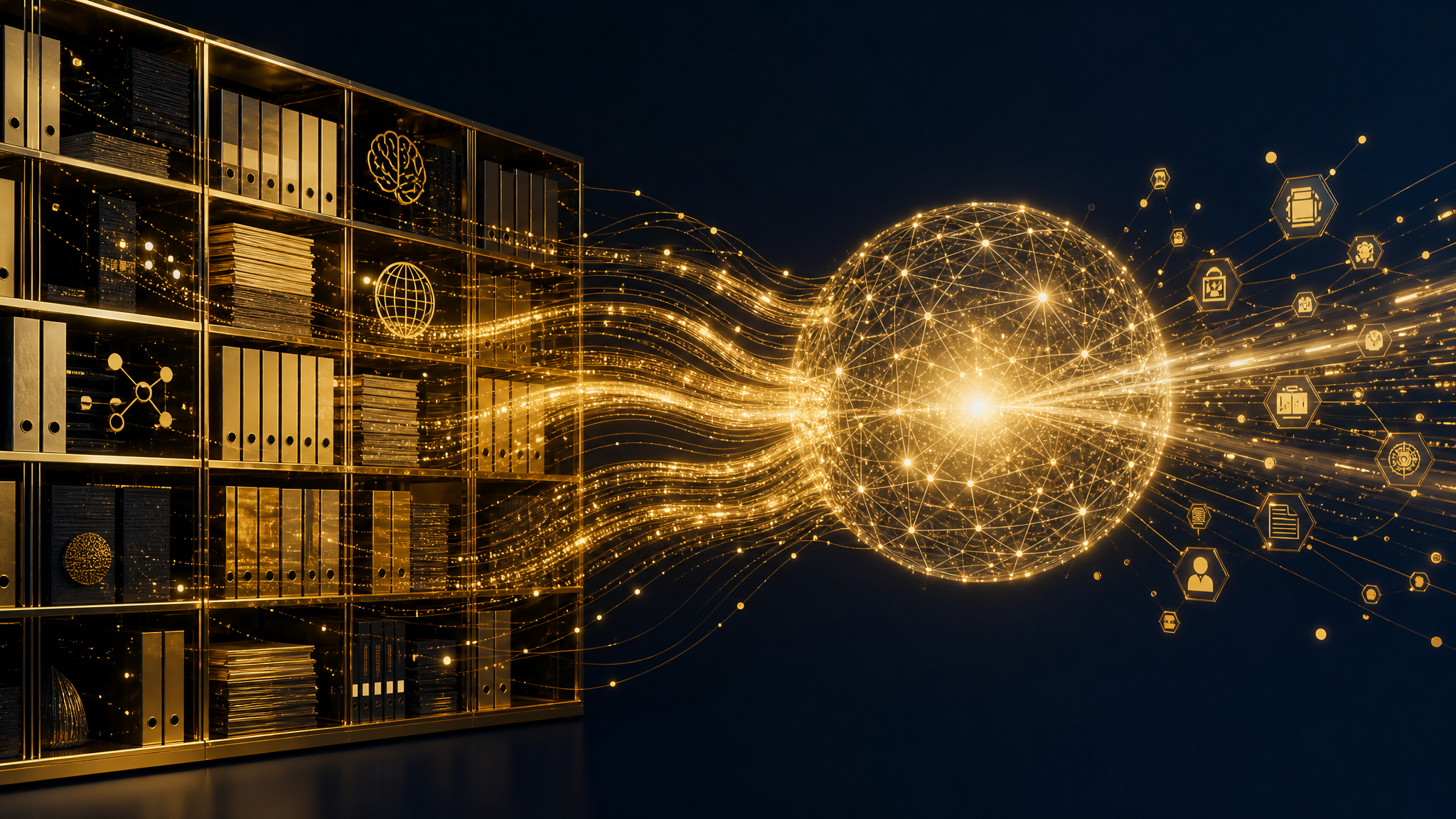 Ein goldenes Datenbankregal mit Ordnern, Dokumenten und Wissenssymbolen speist eine leuchtende KI-Sphäre – Unternehmenswissen als Fundament für intelligente Agenten
