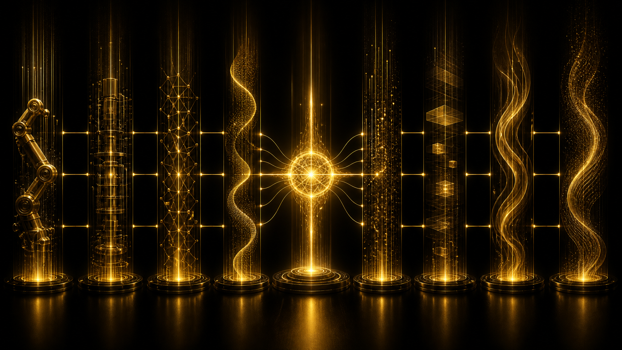 Abstrakte goldene Lichtstrukturen auf schwarzem Hintergrund: Vertikale Lichtsäulen steigen aus einer dunklen Basis auf und sind durch feine Verbindungslinien vernetzt, im Zentrum ein leuchtender Routing-Knotenpunkt – Sinnbild für vertikale KI-Anwendungen und intelligentes Modellrouting