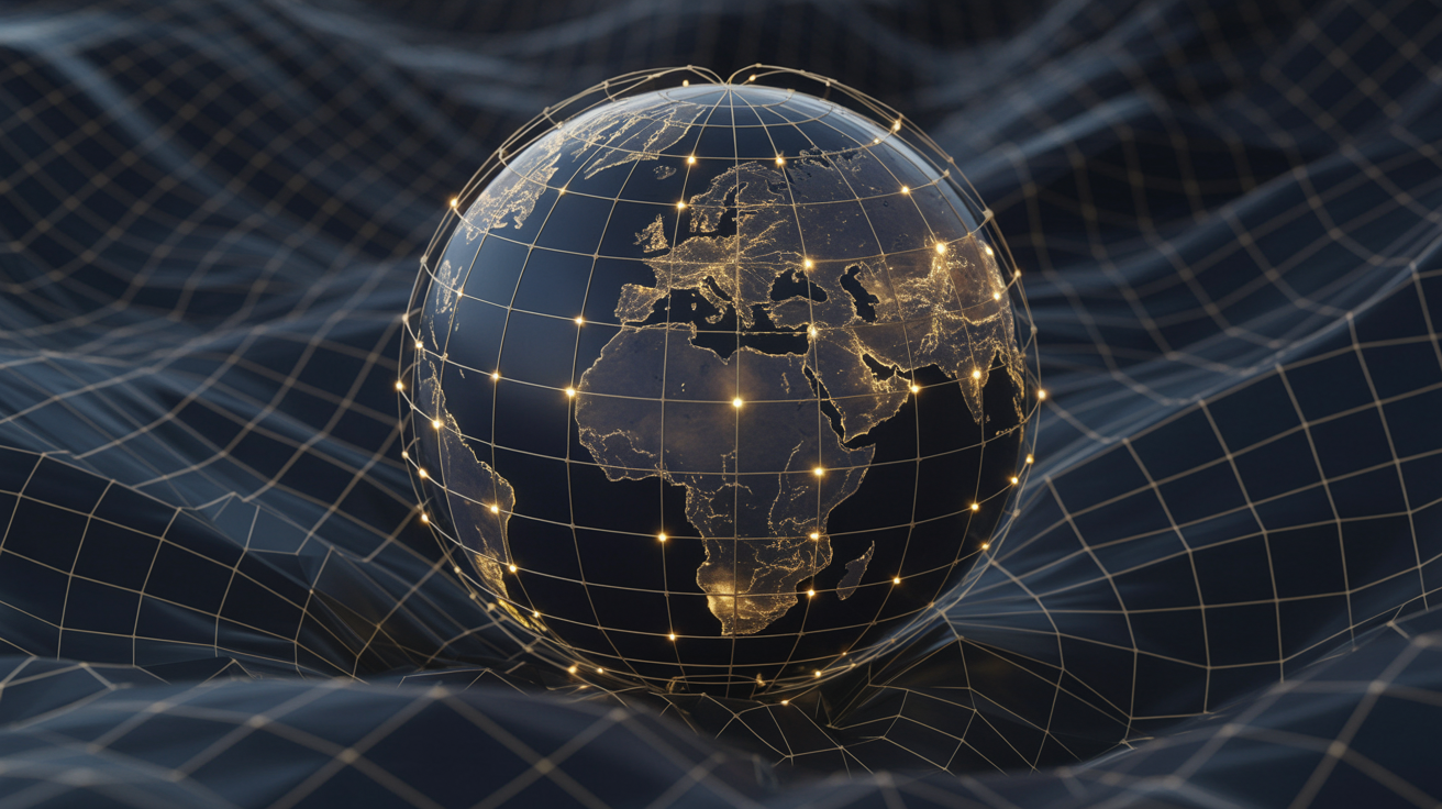 Holographischer Globus mit goldenem Netzwerk aus neuronalen Verbindungen in dunklem Raum – Symbol für räumliche KI-Intelligenz jenseits von Sprachmodellen